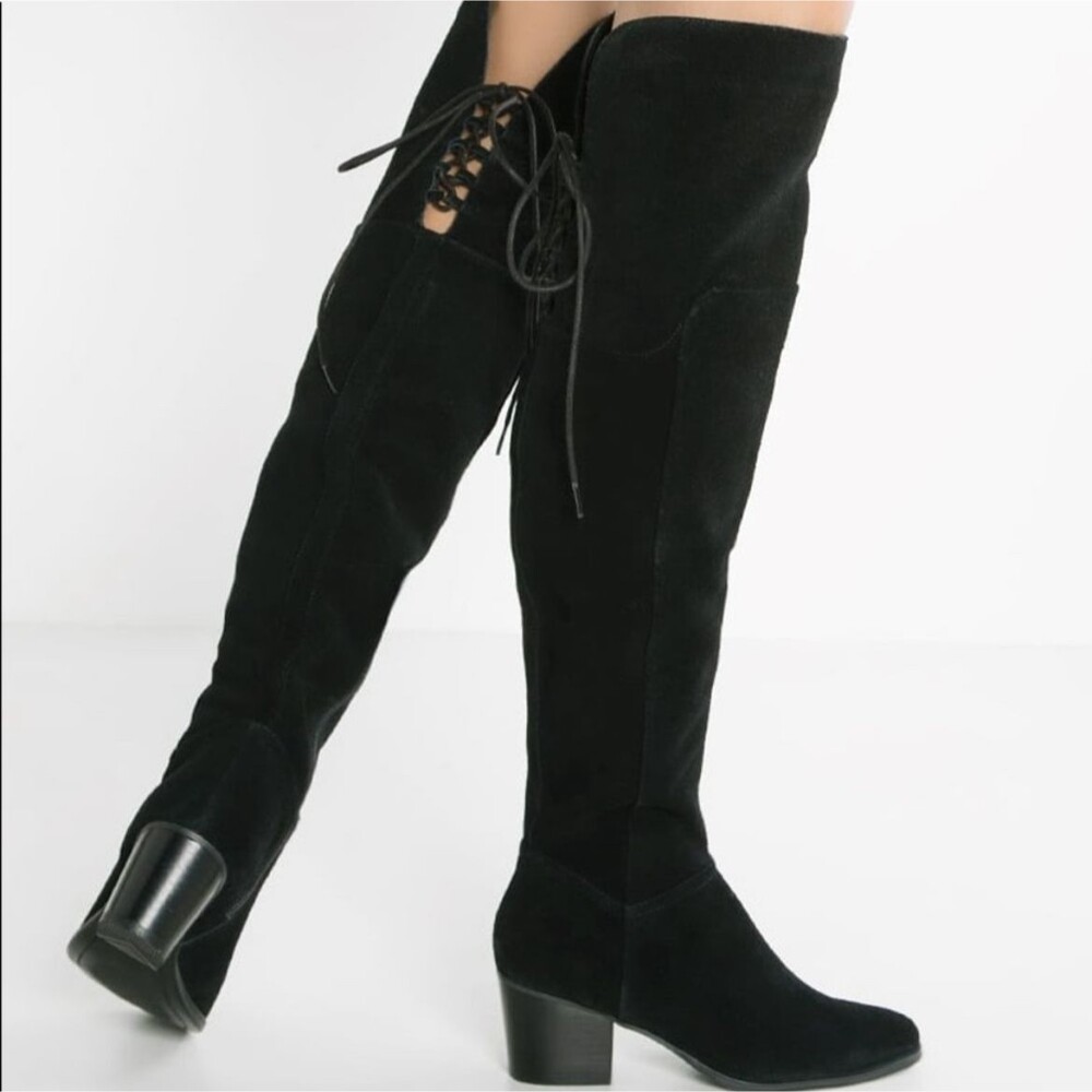Aldo Jeffres Over the Knee Black Suede Boots Pointed Toe Lace up Back Shoe Wmn 8